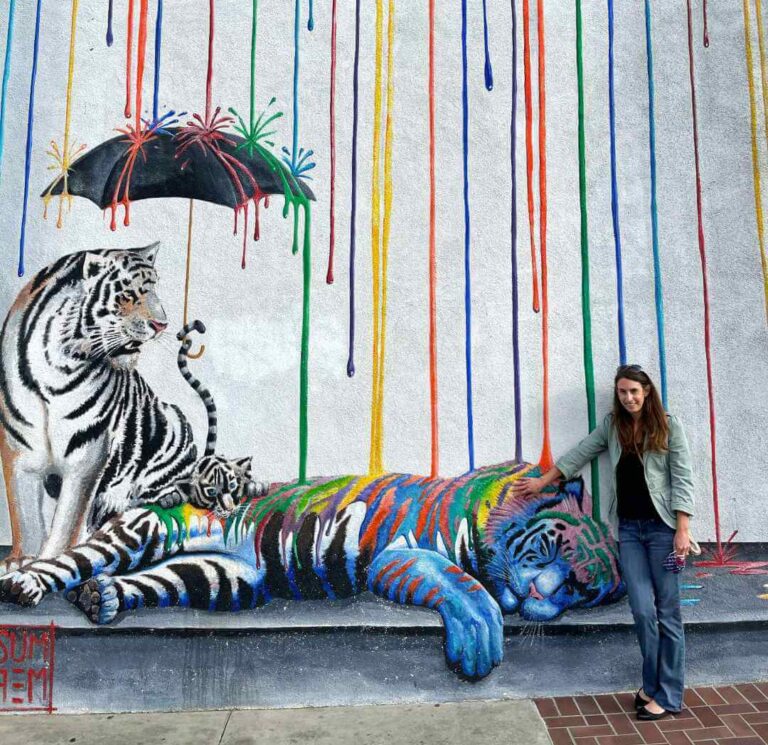 Cat Nap mural with a woman petting the tiger