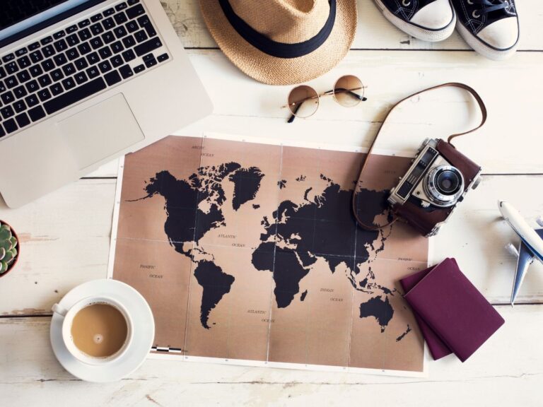 Travel agent, map, coffee, camera, hat, keyboard