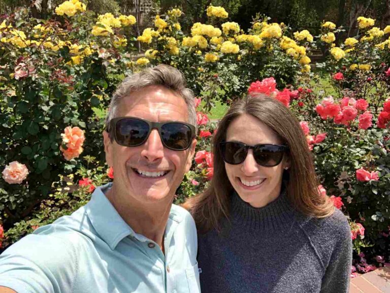 couple in the Rose garden at Balboa Park in downtown san diego
