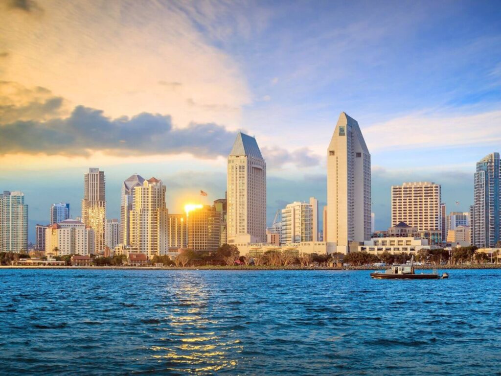 view of downtown san diego, harbor and sunset
