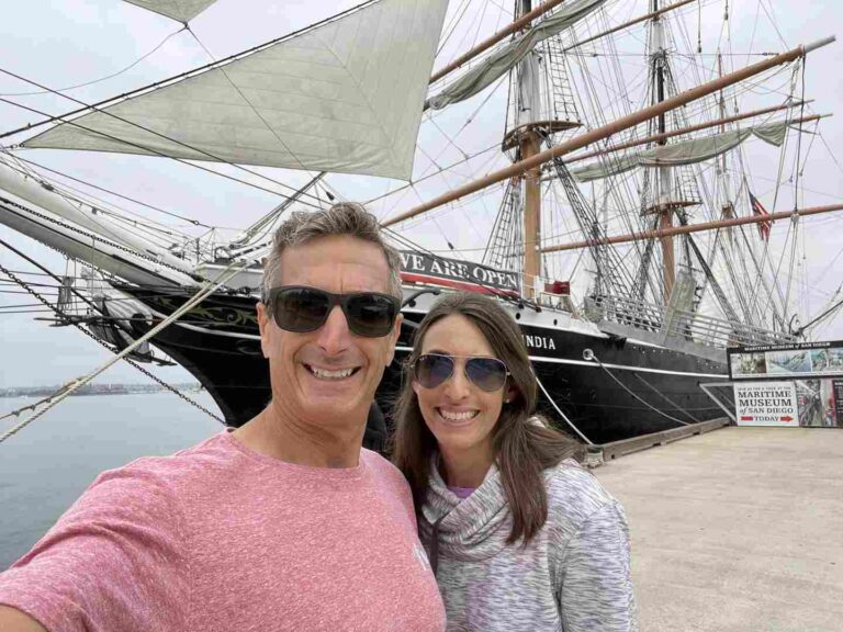 Star of India, downtown San Diego, Maritime Museum, couple in front of the sailboat