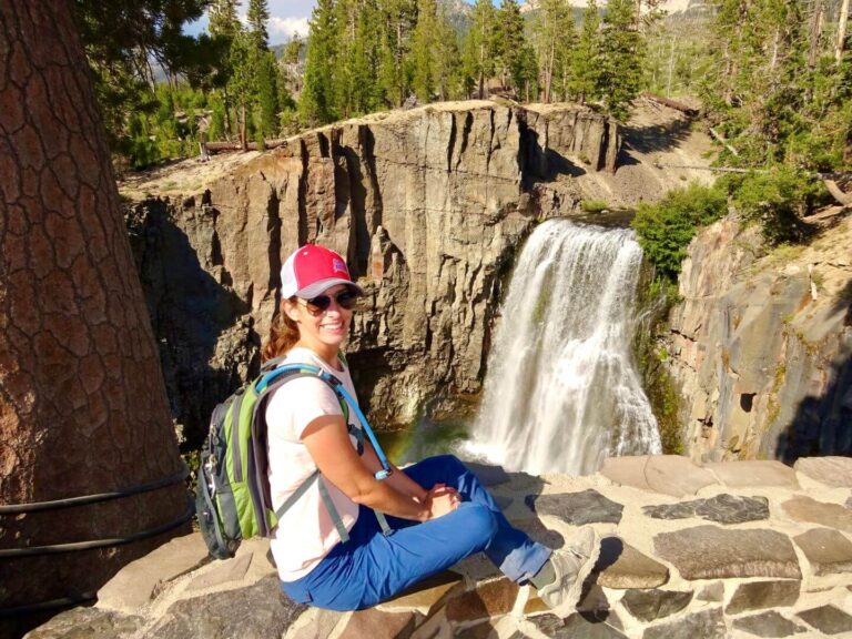 Woman at Rainbow Falls, best thing to do in Mammoth in the Summer