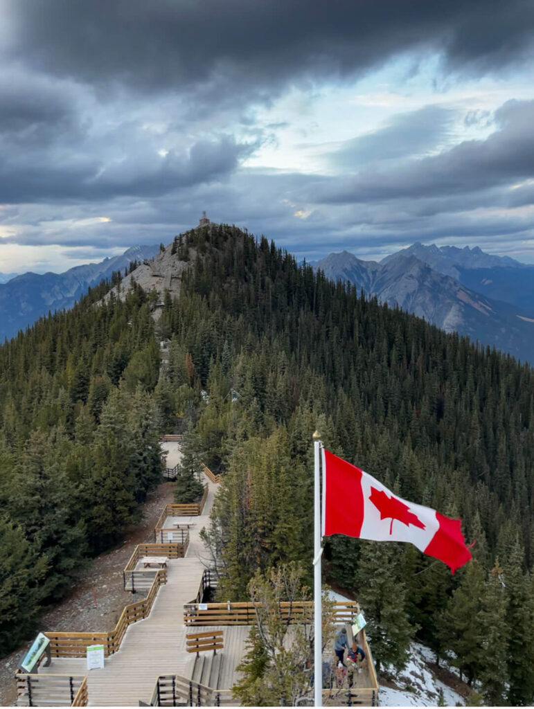 Canadian Flag blowing in the wind at Sulphur Mountain