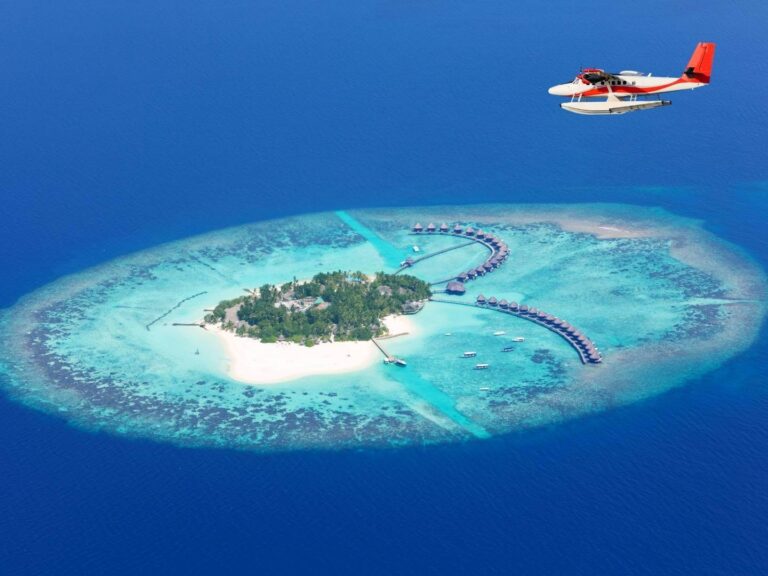 Seaplane over an island in the Maldives