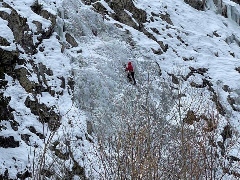 Man Ice Climbing near Mammoth Lakes in the Winter