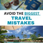 travel mistakes showing a passport, hotel room, sunglasses and a map