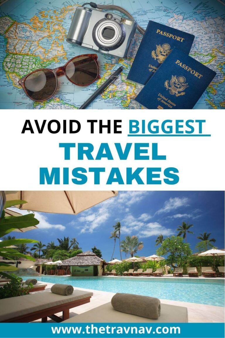 travel mistakes showing a passport, hotel room, sunglasses and a map