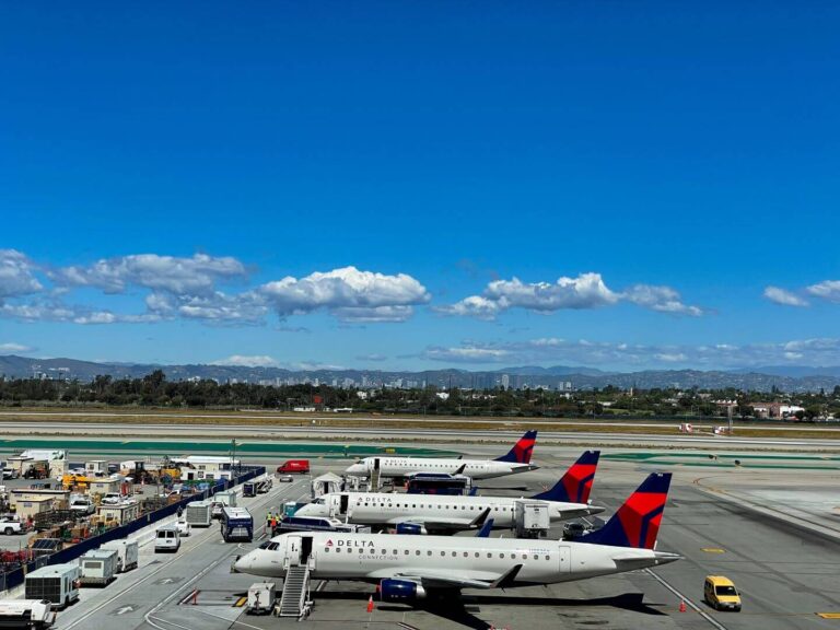 View from the Delta Air Lines Sky Club at LAX of Delta planes