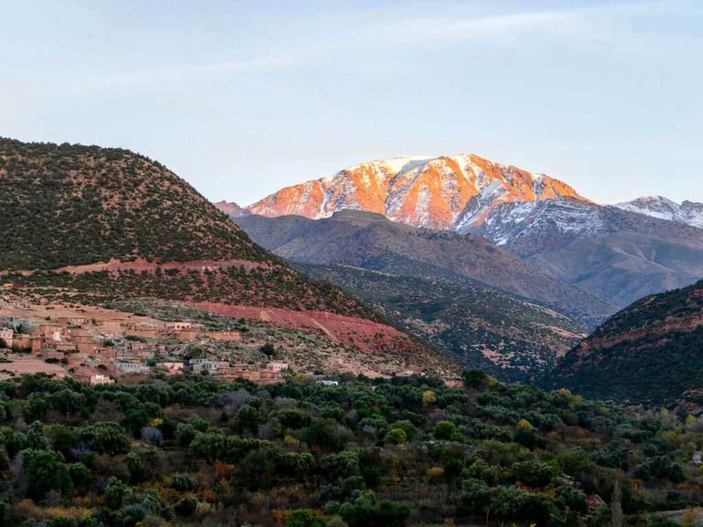 Imlil Valley at sunset, snow-capped mountains, Berber village
