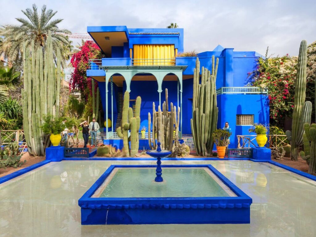 majorelle garden marrakech with bright blue buildings