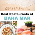 Pinterest Pin showing the type of food served at Baha Mar restaurants such as dim sum, grilled fish, and poke as well as a wave crashing on the sand with the word Bahamas written in the sand