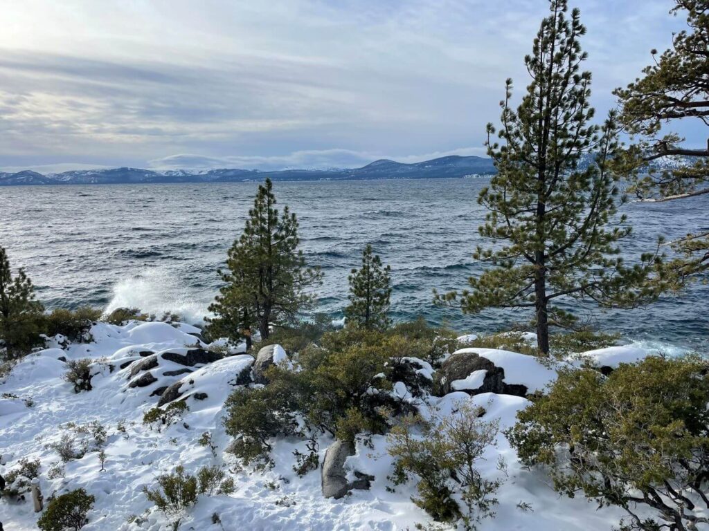 Tahoe East Shore Trail along Lake Tahoe with the Lake in the background with snow covered trees and rocks in the foreground