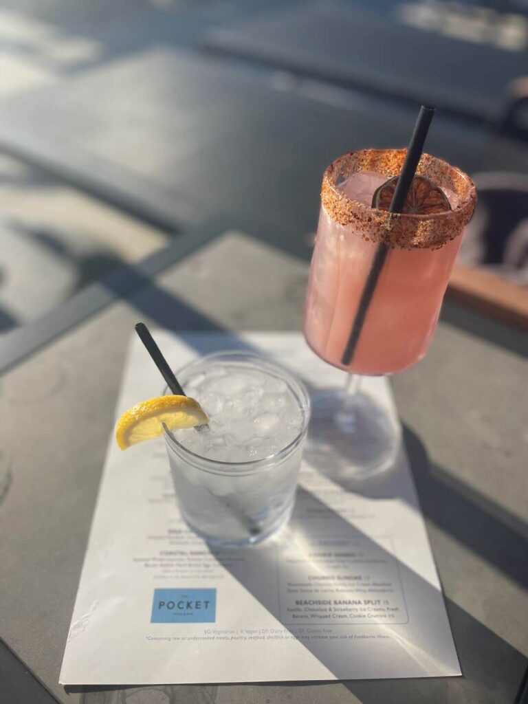 Two drinks and a menu from The Pocket at Alila Marea Beach Resort Encinitas