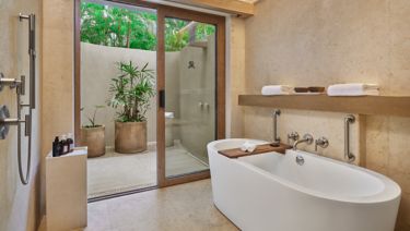 hotel bathroom with a stand alone tub in a wetroom with an indoor shower and outdoor shower