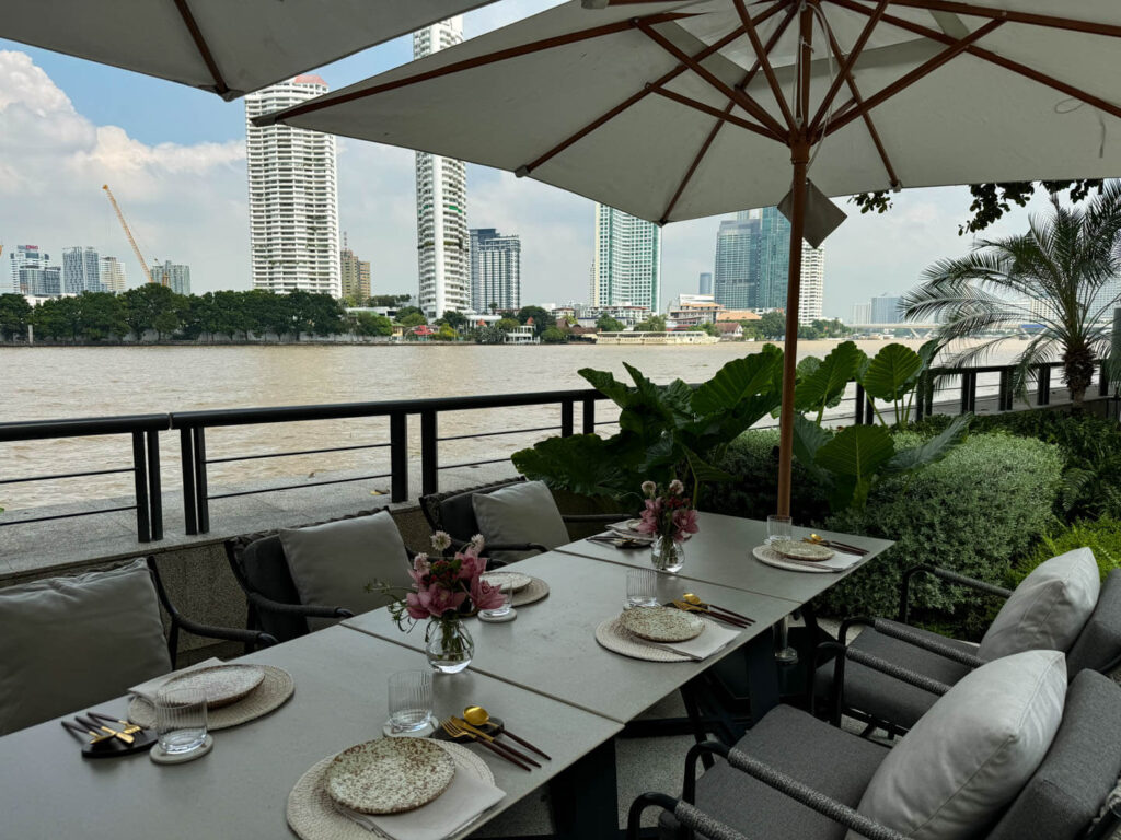 restaurant set up at Four Seasons Hotel Bangkok at Chao Phraya River overlooking the river