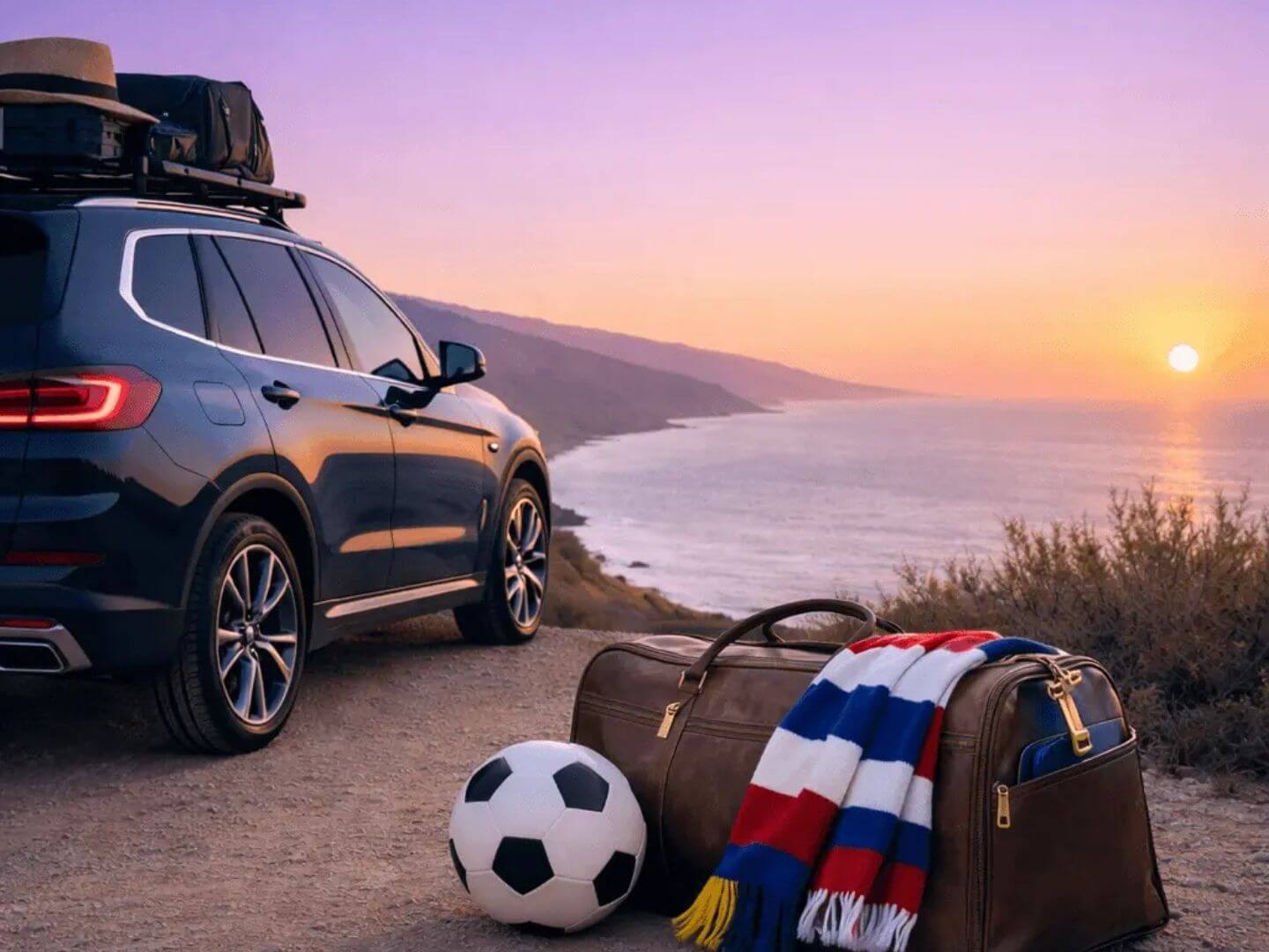 car, ocean view, cliff, soccer ball, luggage, beach blanket