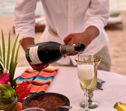 St. Regis Punita Mita BBQ dinner with waiter pouring champagne